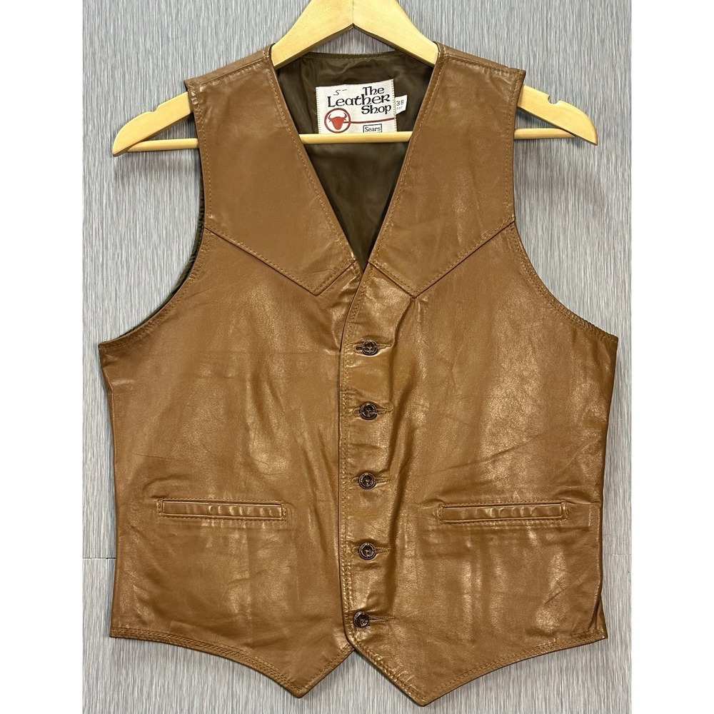 The Leather Shop Sears Mens  Vest Western SZ: 38 Button Front Cowboy Vintage 70s